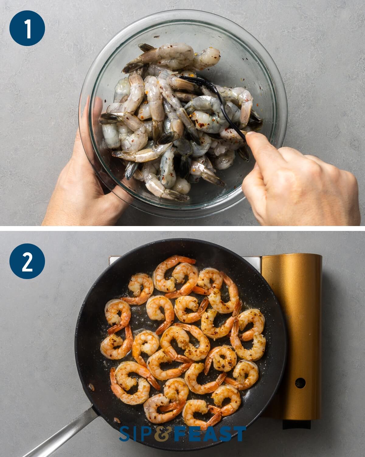 Orzo with shrimp and feta recipe process shot collage group one showing mixing shrimp in bowl and searing shrimp in a pan.