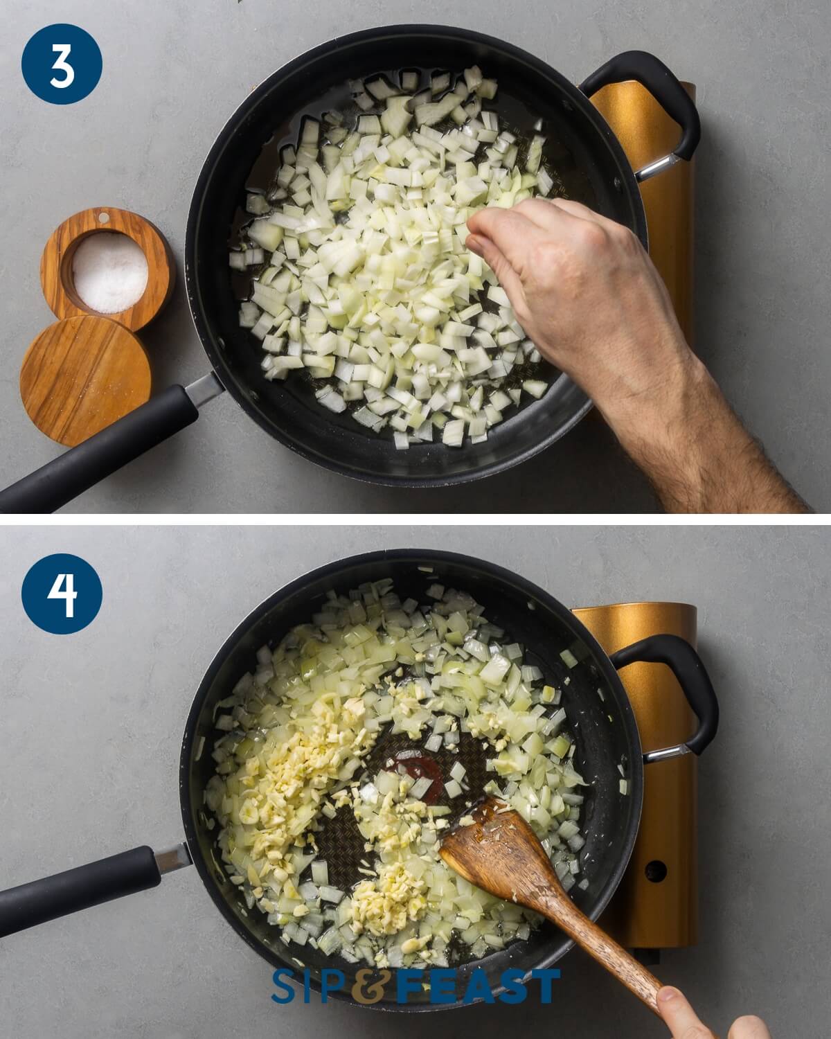 Recipe collage two showing sauteing of onions and adding garlic to the pan.