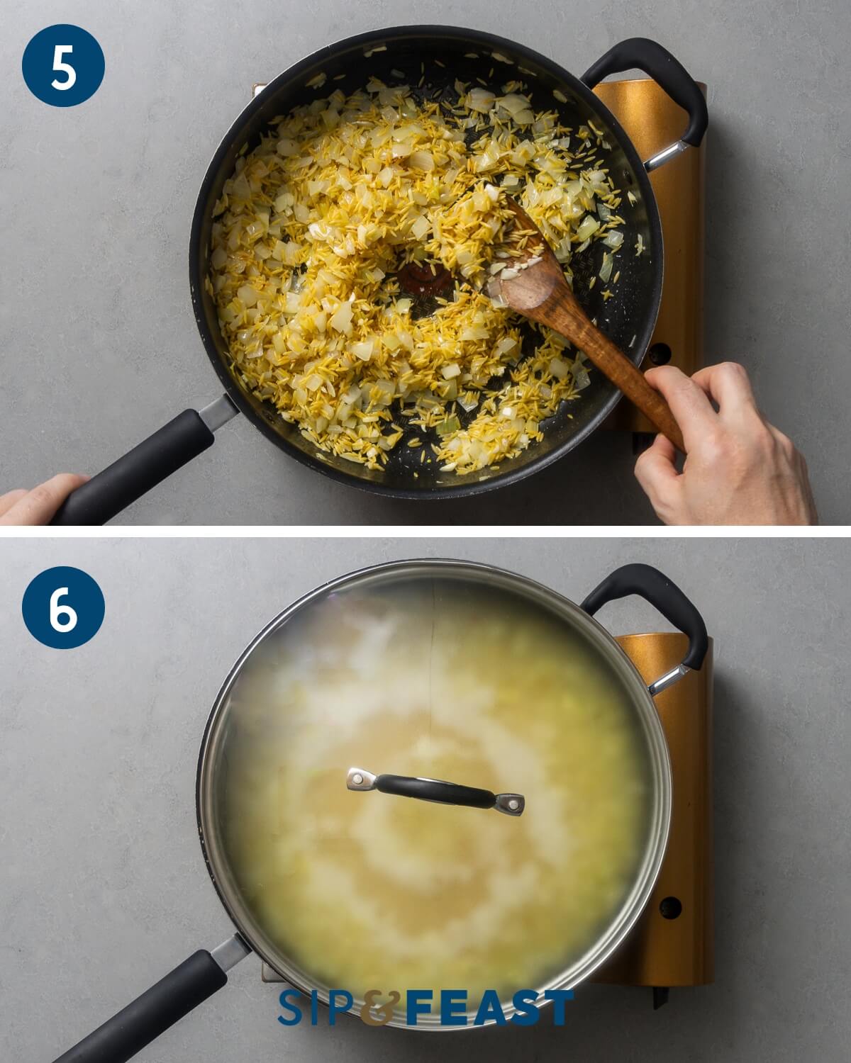 Recipe collage three showing sauteing orzo in the pan and covering pan with a lid.