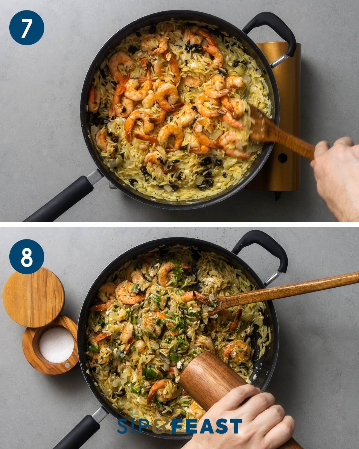 Recipe collage four showing mixing cooked shrimp into orzo and adding feta along with seasoning with salt and pepper.