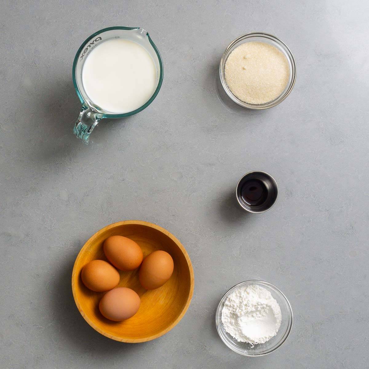 Pastry cream ingredients shown: milk, sugar, eggs, vanilla, and cornstarch.