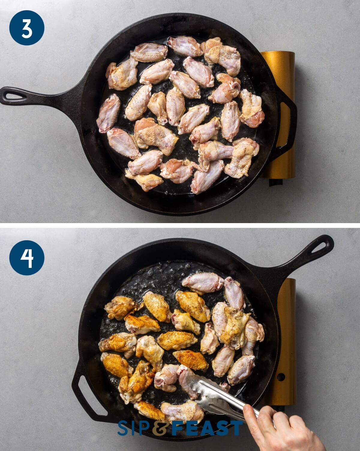 Recipe collage two showing frying of chicken wings in cast iron pan.