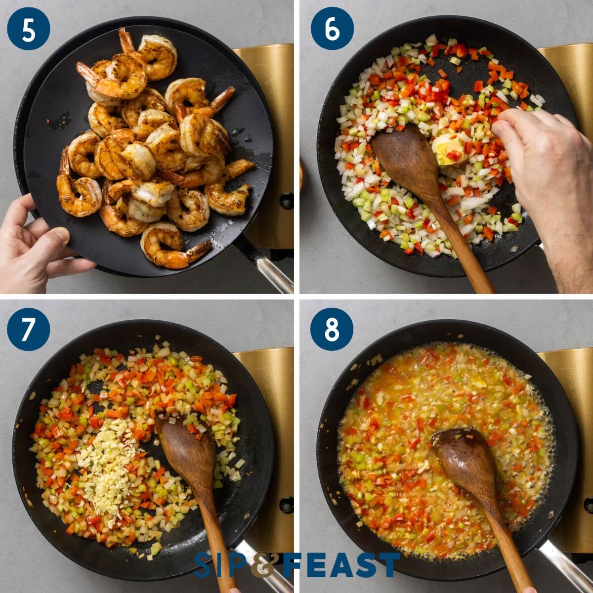 Recipe collage group two showing cooked shrimp on plate, sauteing of vegetables in pan, and adding stock to the pan and boiling.