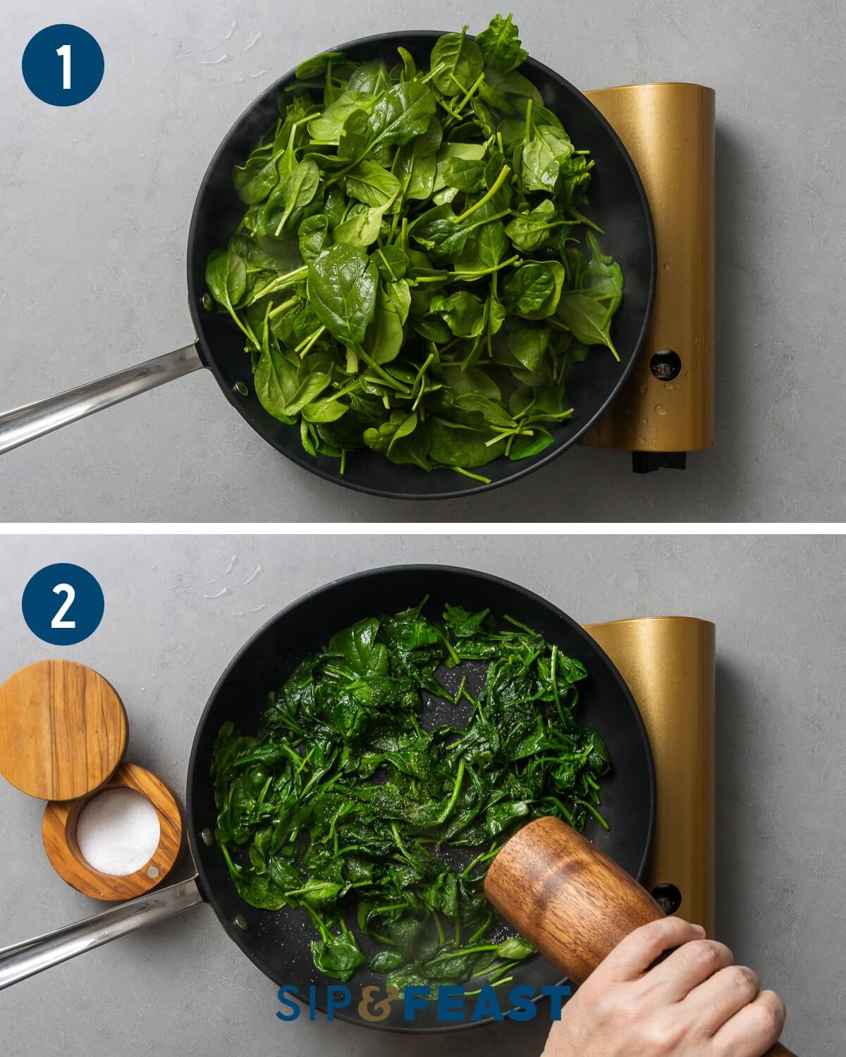 Sun-dried tomato frittata recipe process collage group one showing sauteing of spinach.