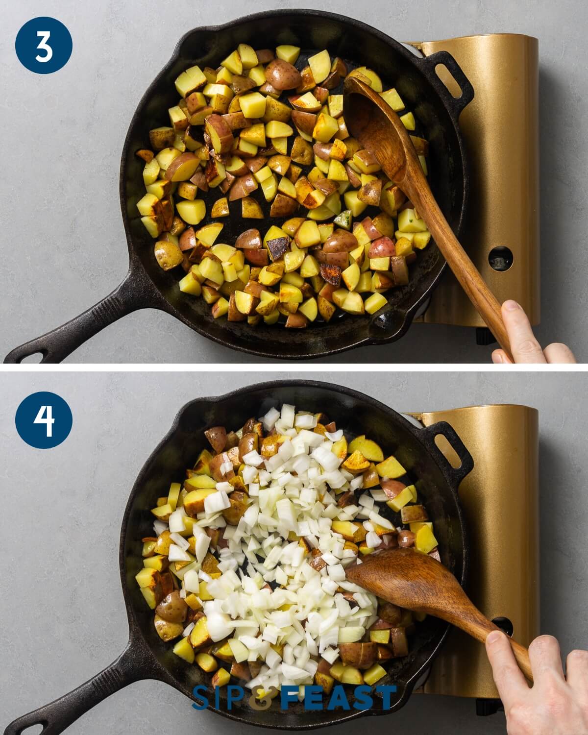 Recipe collage two showing sauteing of cubed potatoes and onions.