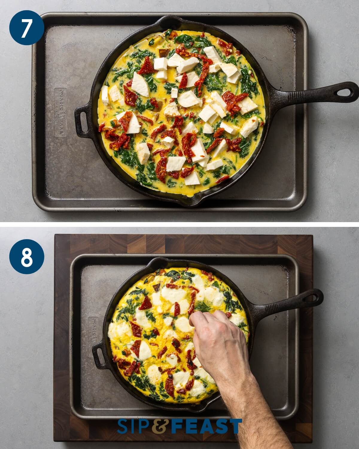 Recipe collage group four showing filled pan on baking sheet and testing baked frittata with with toothpick for doneness.