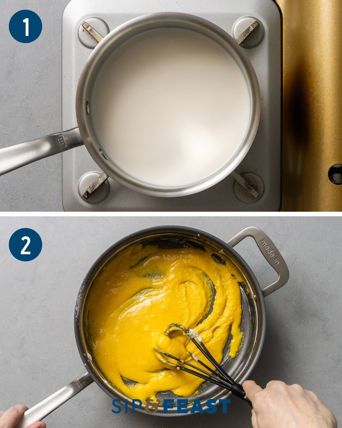 St. Joseph's Day Pastry recipe collage group one showing warming of pot of milk and whisking egg yolks and sugar in separate pan.
