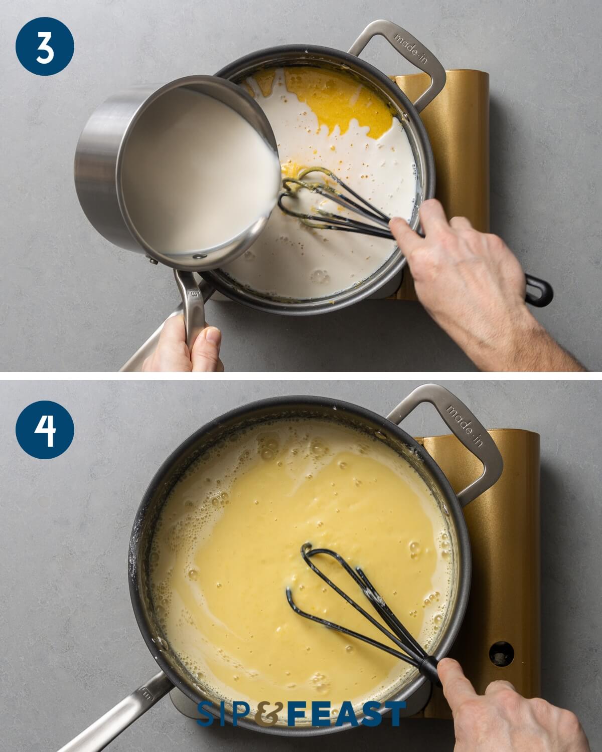 Recipe collage group two showing pouring warm milk into pan and whisking of pastry cream over burner.