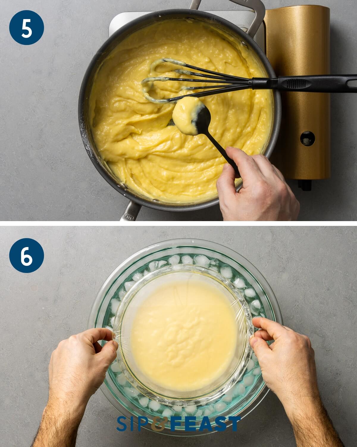 Recipe collage group three showing thickness of the pastry cream and placing bowl of the pasty cream in an ice water bath.