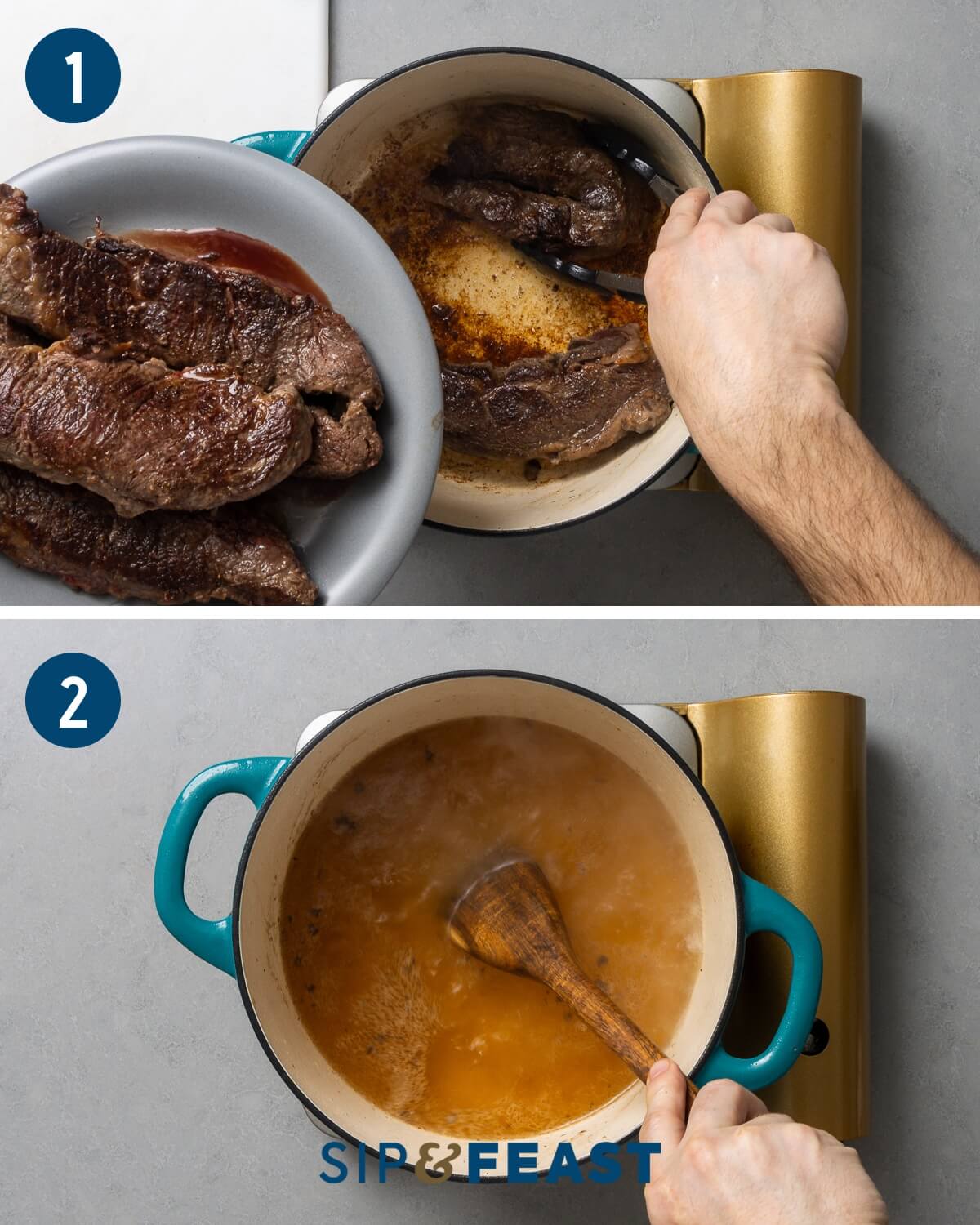 Braising short ribs collage one showing searing in Dutch oven and deglazing pot.