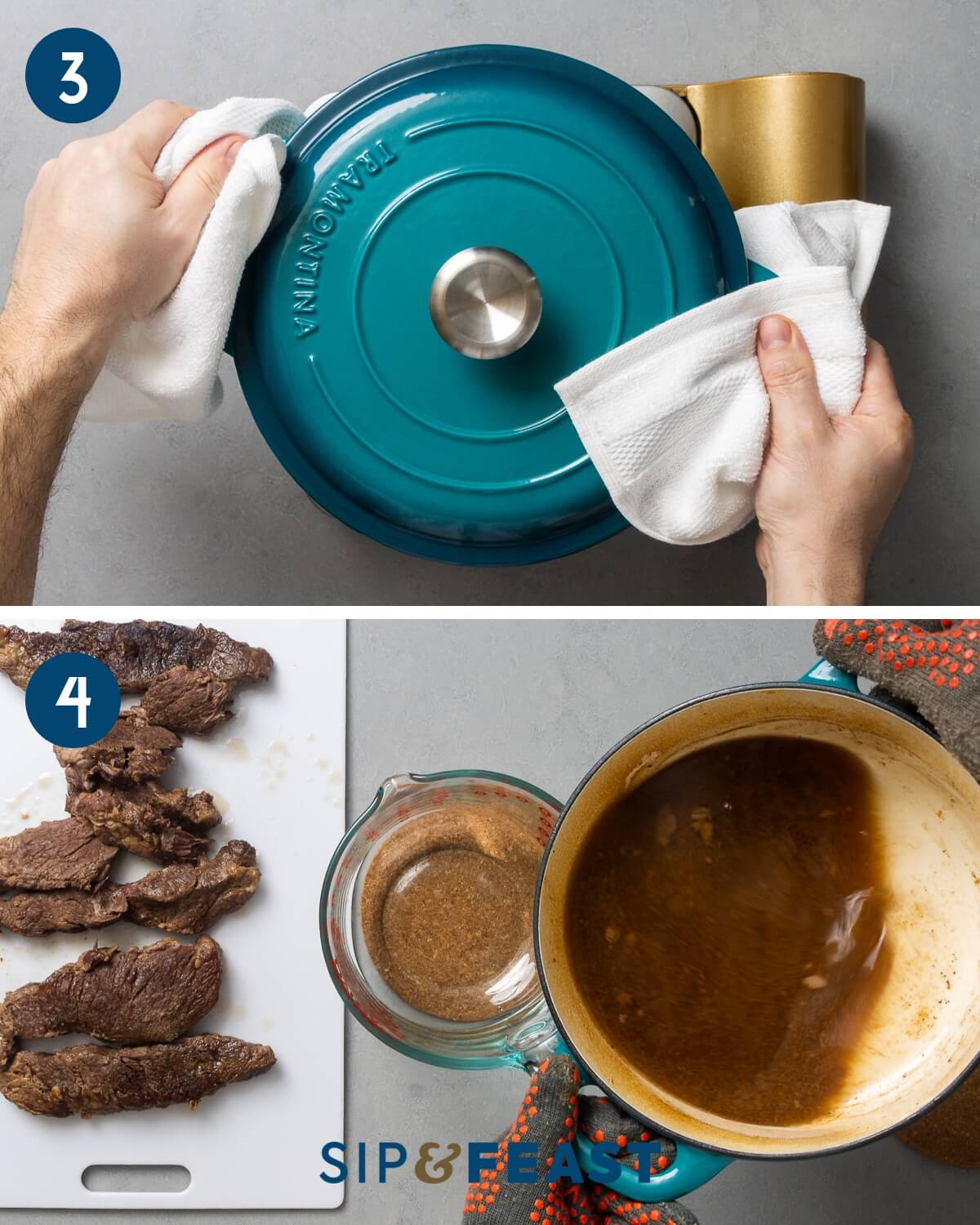 Recipe collage two showing covering of pot and placing beef on cutting board and pouring out liquid.