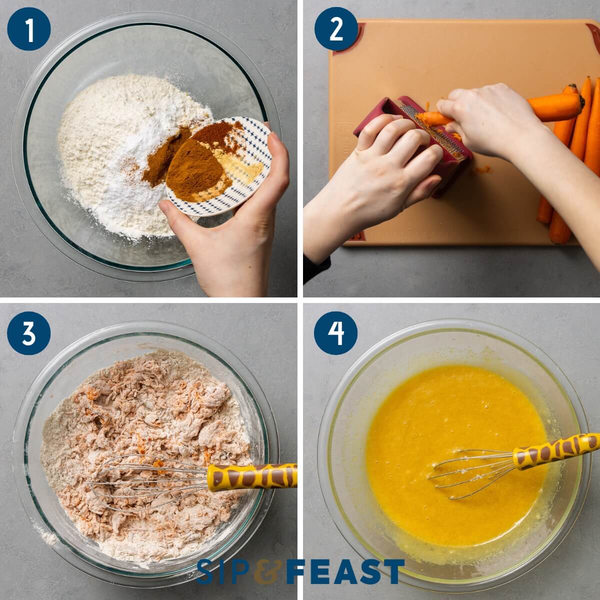Carrot cake recipe collage group one showing combing dry ingredients into bowl, grating carrots, mixing carrots into bowl, and mixing wet ingredients in separate bowl.