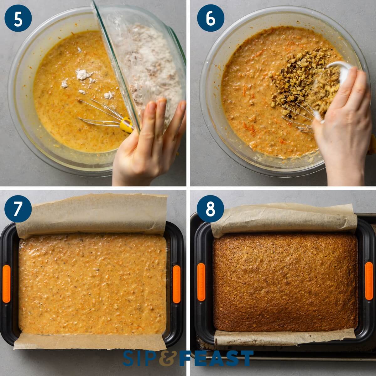 Recipe collage group two showing combing dry and wet ingredients, mixing, walnuts into batter, pouring batter into parchment paper lined baking pan, and cooked cake.