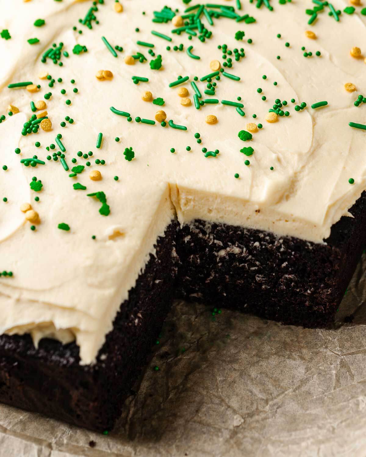 Chocolate Guinness cake with Baileys frosting and Irish sprinkles.