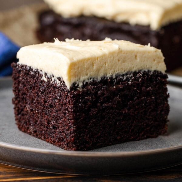 Chocolate Guinness Cake slice on grey plate for featured image.