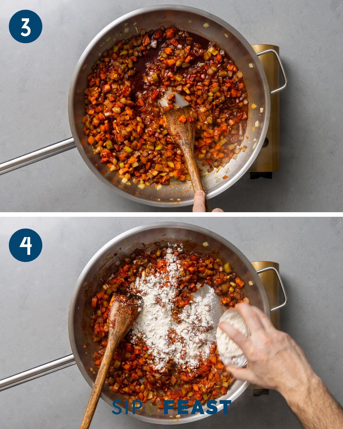 Recipe collage two showing deglazing pan with red wine and adding flour to the pan.