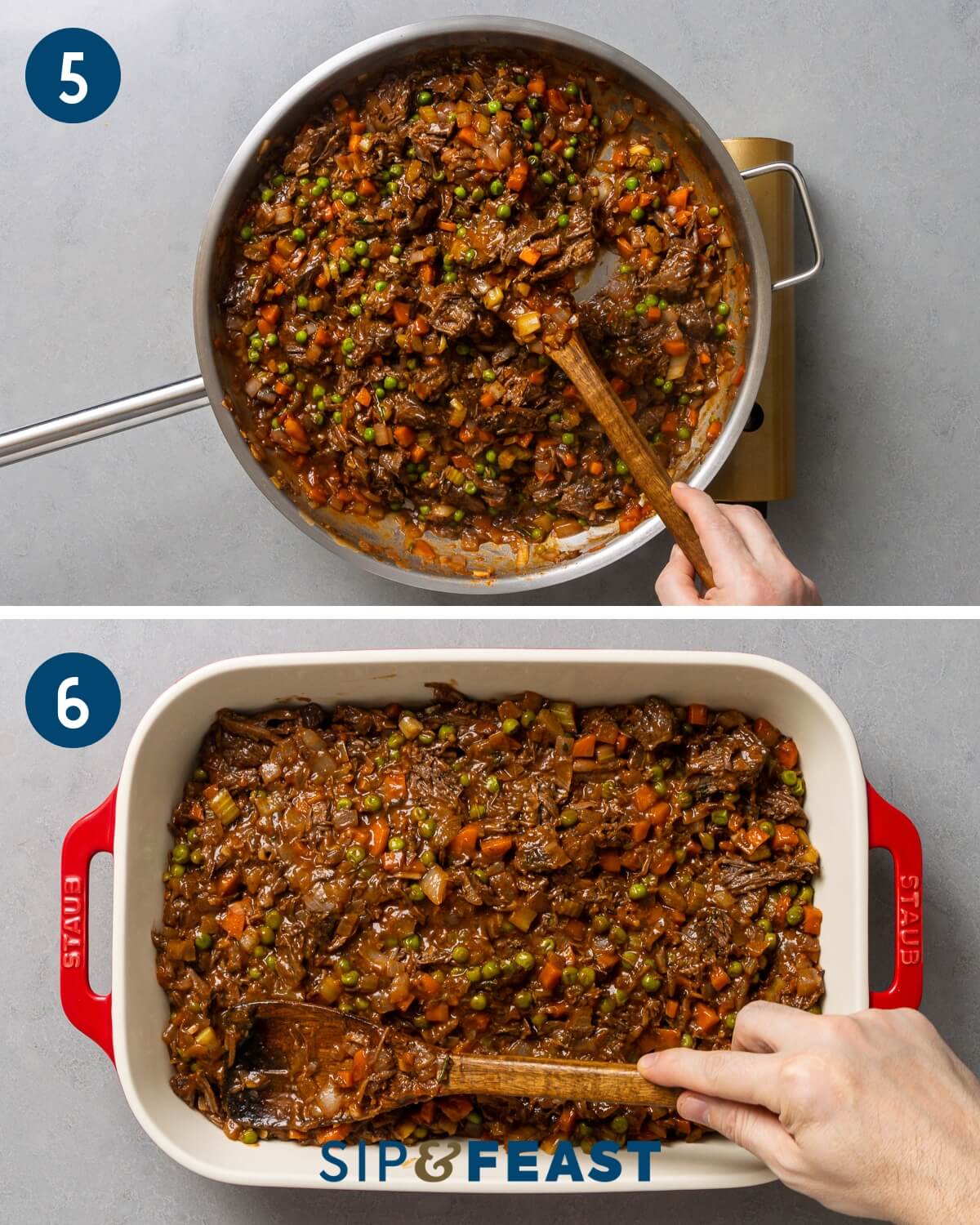 Recipe collage three showing consistency of meat mixture and adding the filling to a large baking dish.