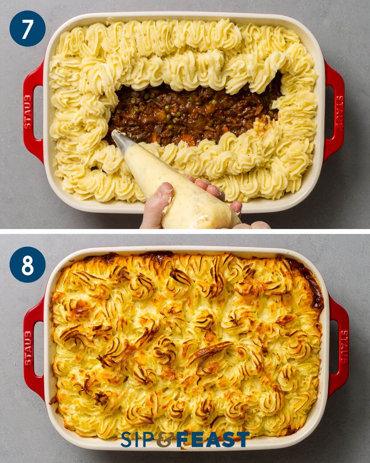 Recipe collage four showing piping of potatoes and finished cottage pie after baking.