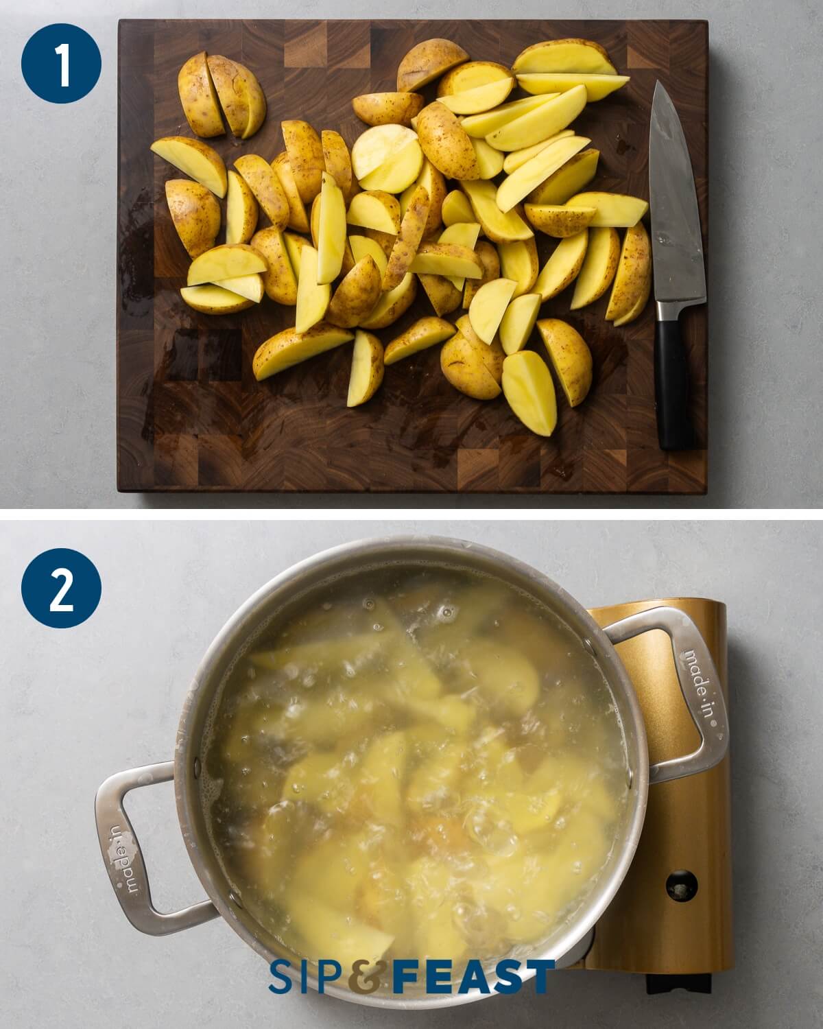 Crispy roasted potatoes recipe process collage group one showing size of cut potatoes and boiling potatoes in pot.