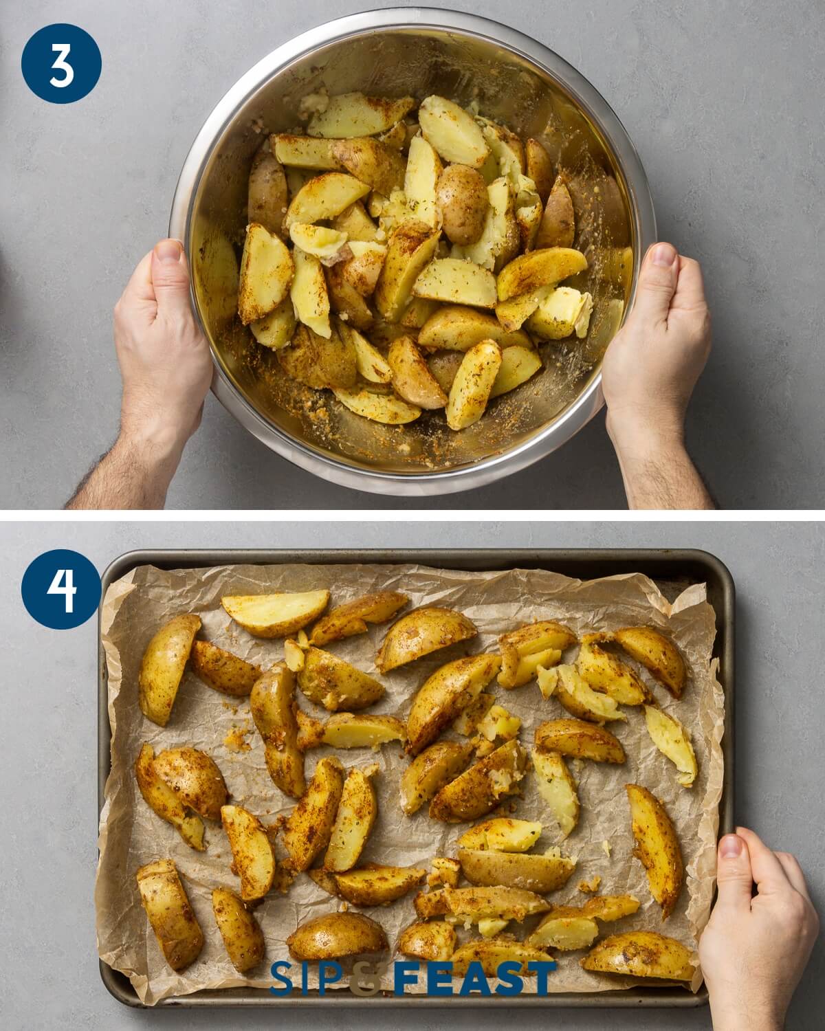 Recipe collage two showing mixing of potatoes in bowl and spreading them out onto a parchment paper lined baking sheet.