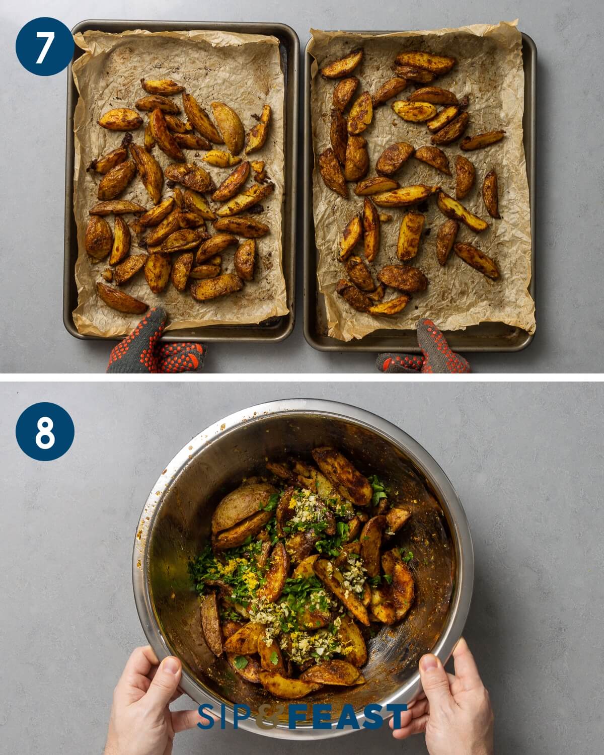 Collage four showing cooked potatoes on baking sheets an tossing them in garlic and herbs.