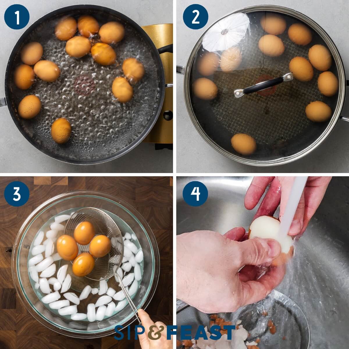 Deviled eggs recipe process shot collage group one showing boiling of eggs, placing them into ice bath, and removing the sheels under running water.