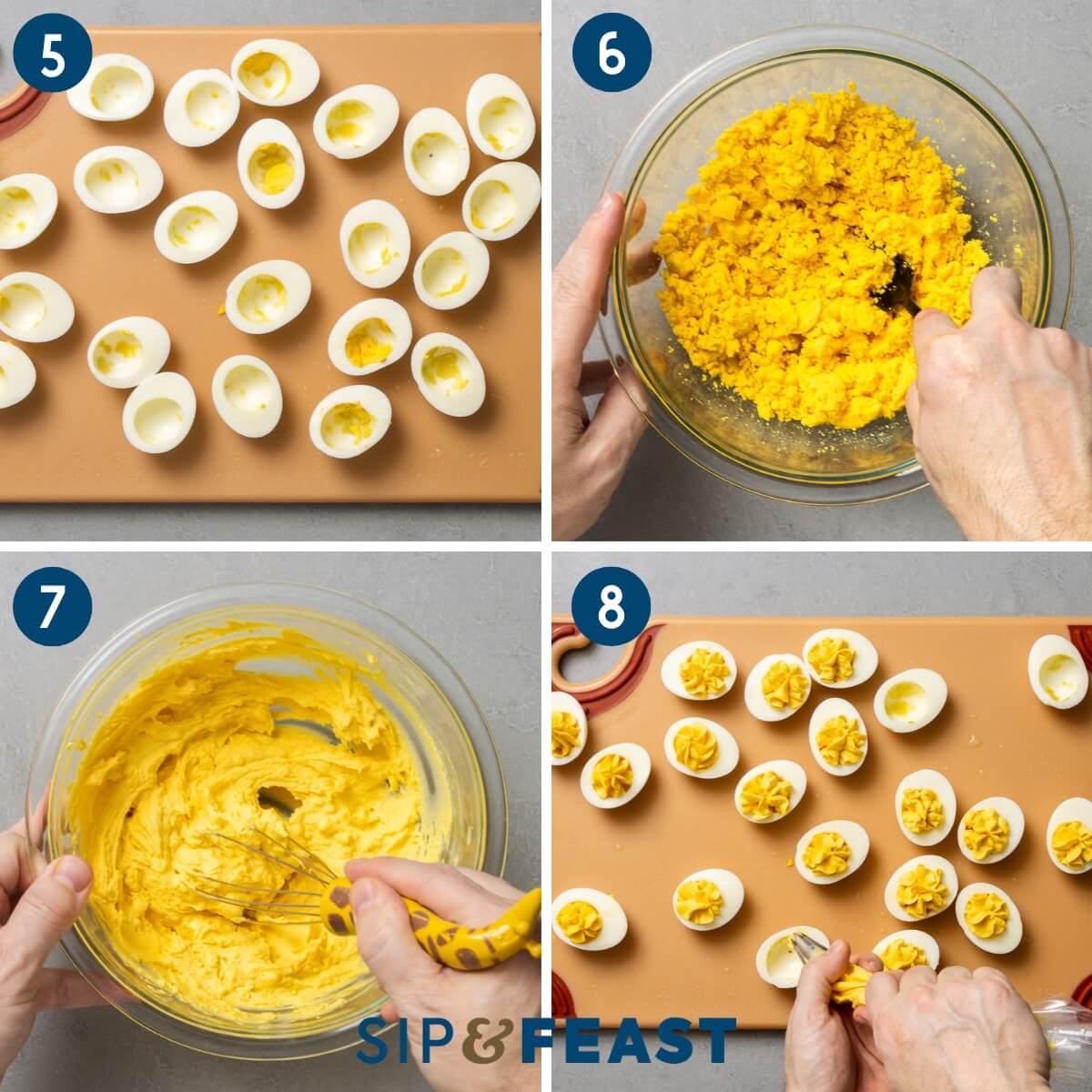 Recipe collage group two showing removing yolks from hard boiled eggs, mixing yolks in bowl, and piping yolk mixture into egg white halves.