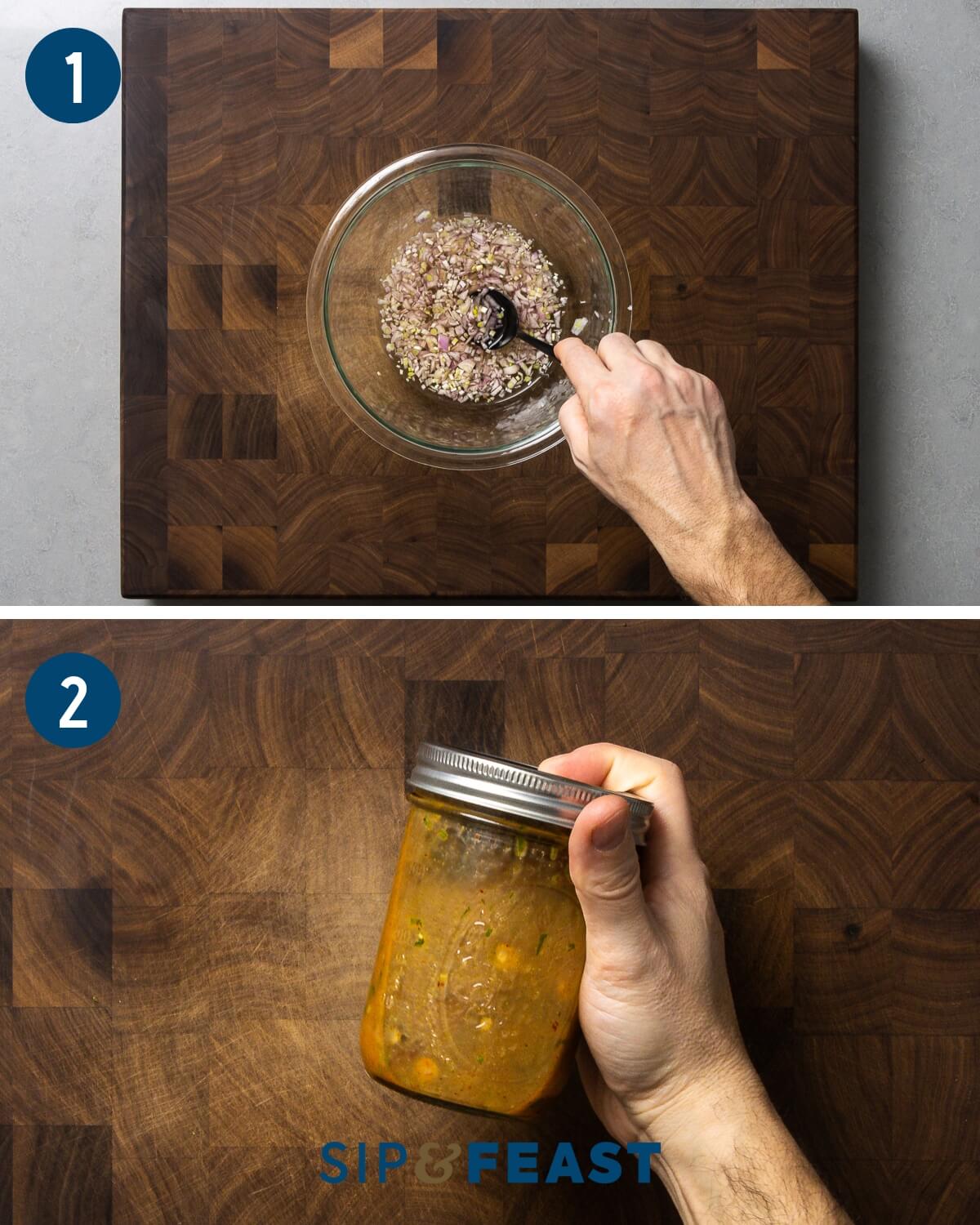 French vinaigrette process collage showing mixing shallots in vinegar and shaking in mason jar.