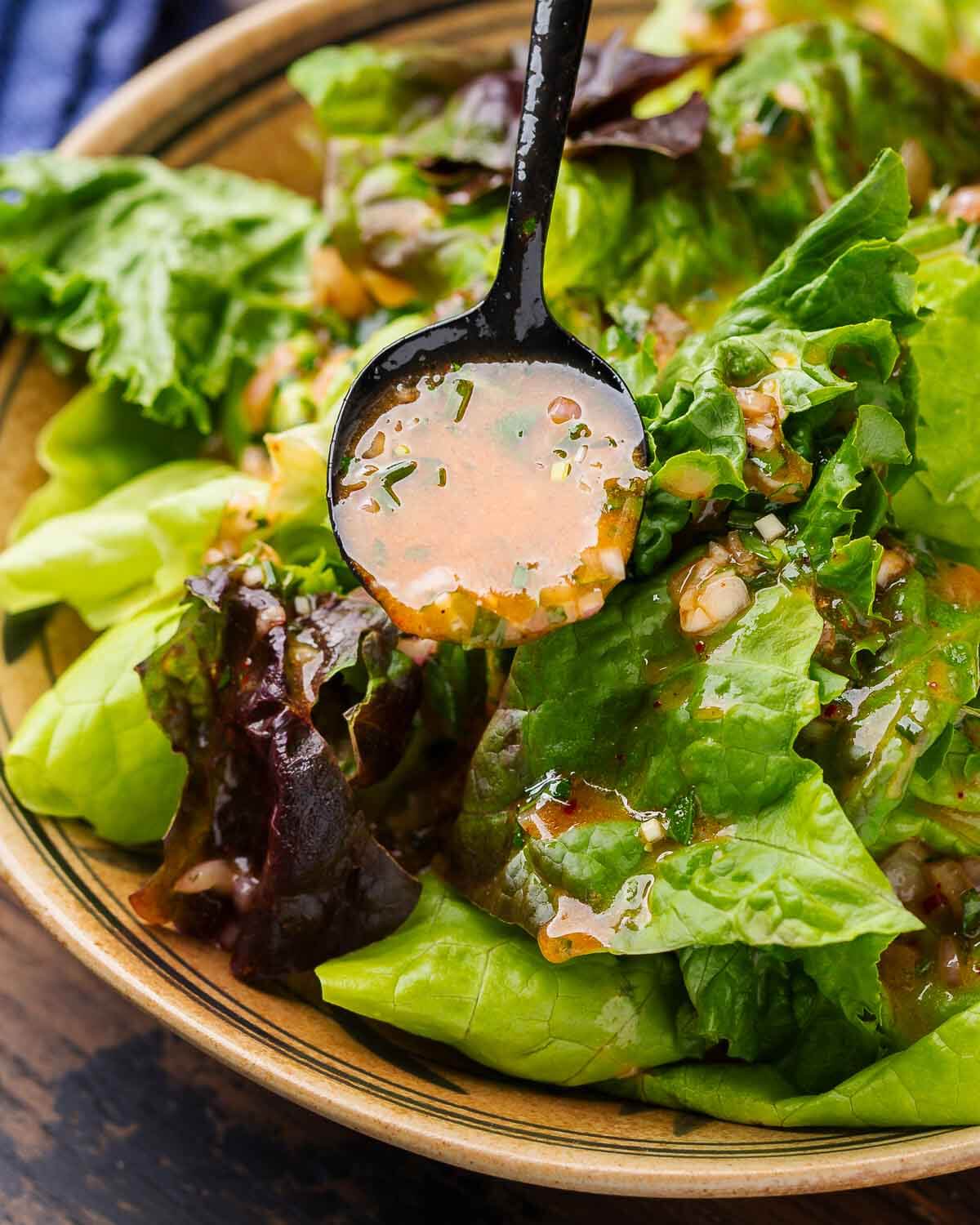 French vinaigrette spooned over salad in bowl.