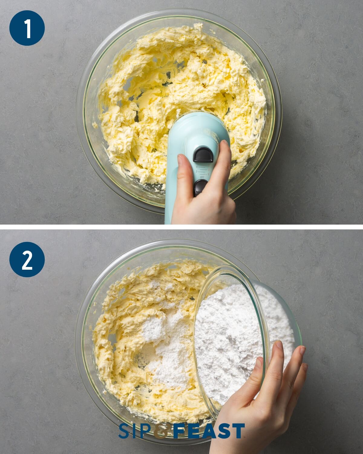 Frosting collage group one showing creaming of butter and adding powder sugar to the bowl.