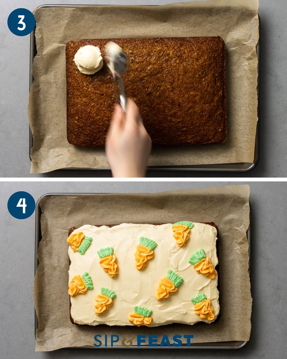 Recipe collage two showing the use of an ice cream scooper to distribute frosting and finished cake with decorative carrots.