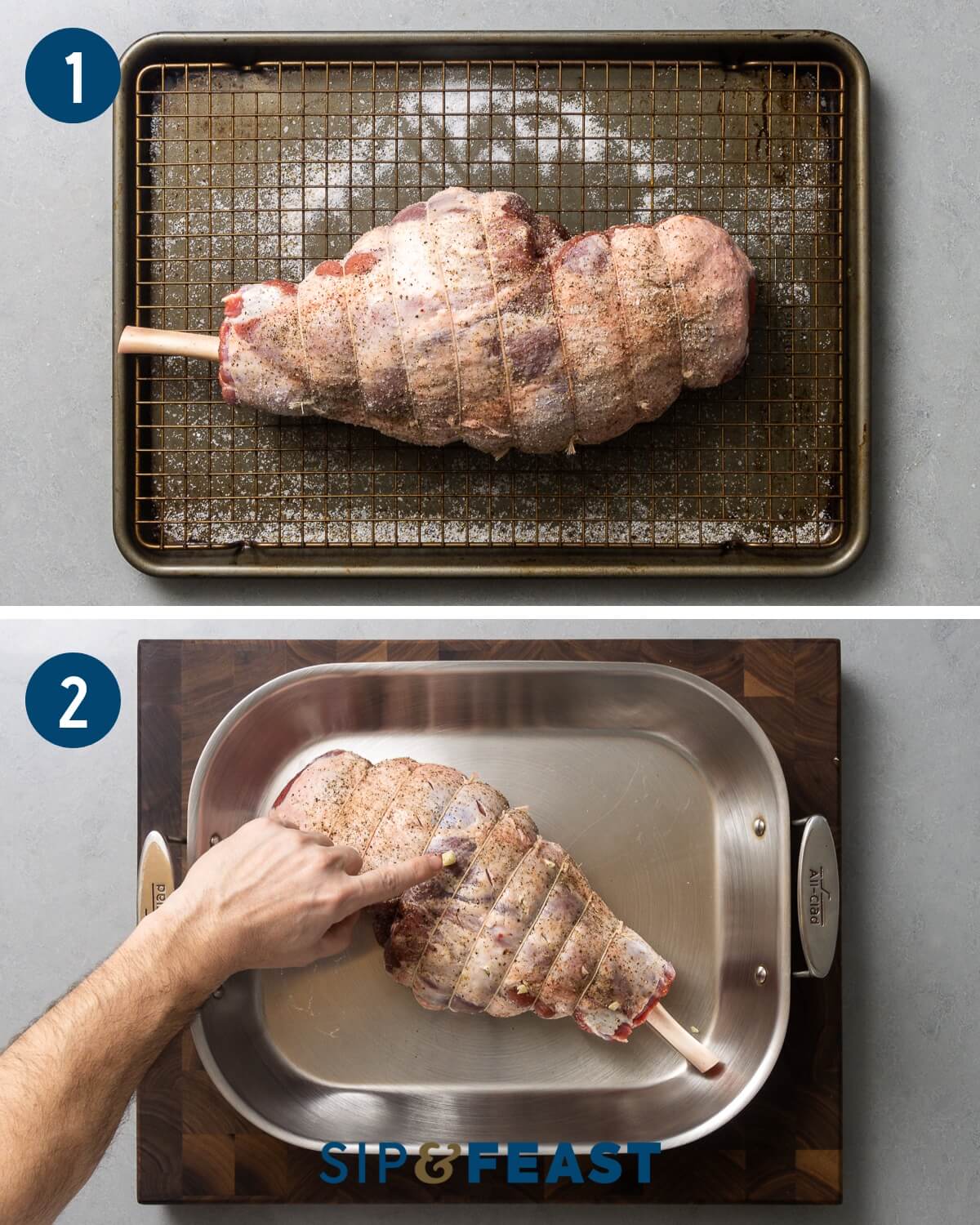 Greek-style leg of lamb with potatoes recipe collage one showing dry brining lamb on baking sheet and inserting garlic cloves into lamb.