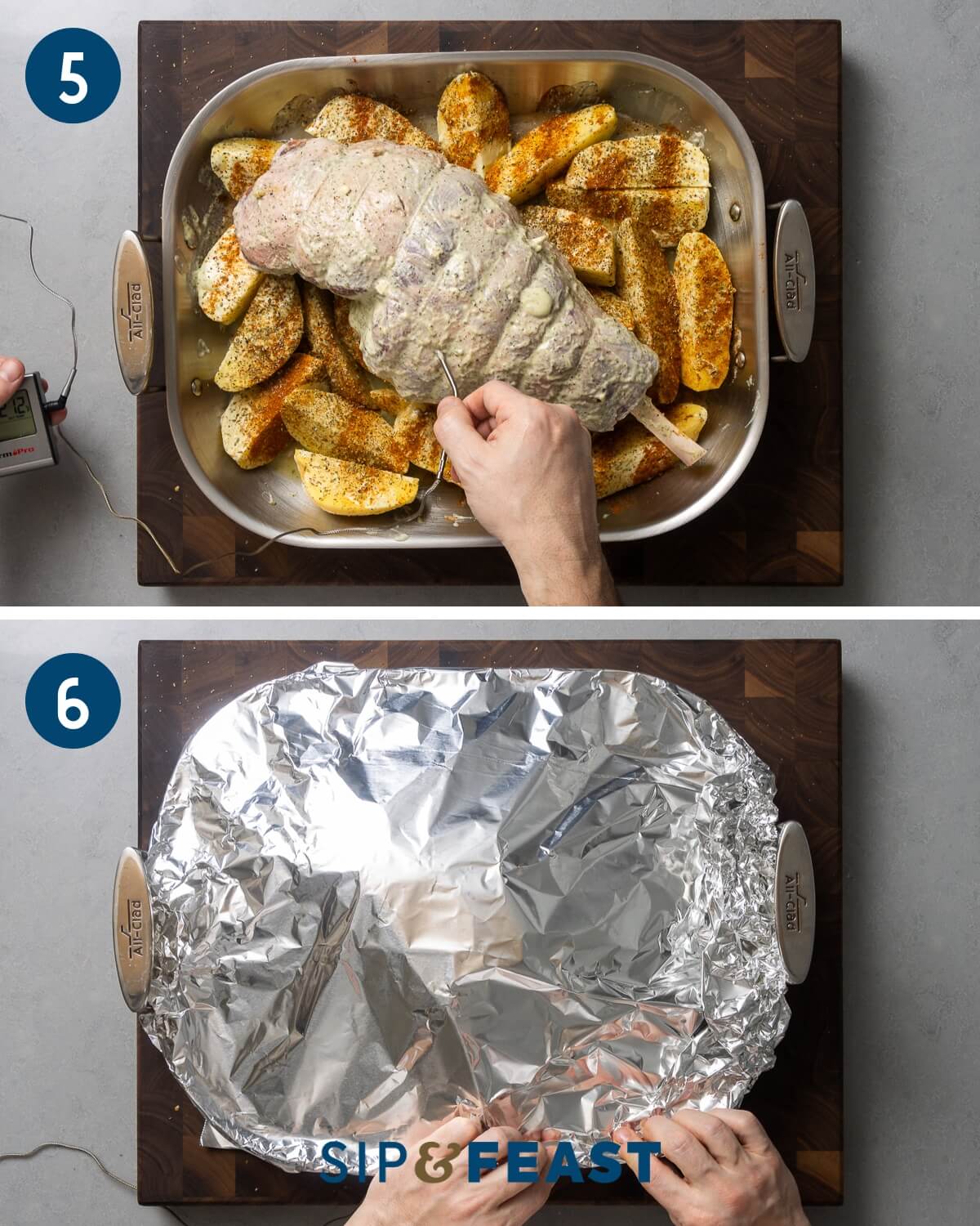 Recipe collage three showing inserting temp probe and covering roasting pan with foil.
