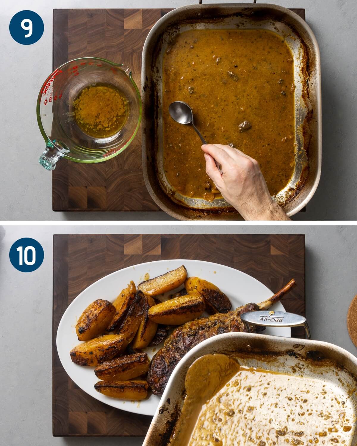 Recipe collage five showing degreasing of sauce and pouring it on top of platter.