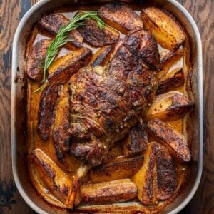 Greek leg of lamb and potatoes in large roasting pan.