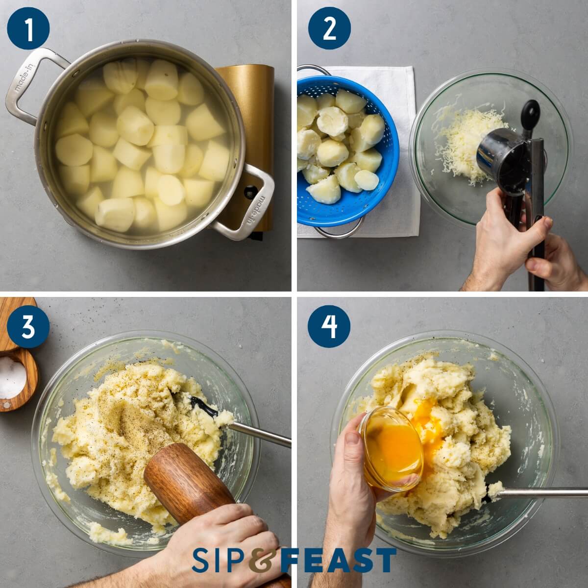 Mashed potatoes collage showing boiling of potatoes, ricing potatoes into bowl, seasoning the potatoes, and mixing eggs yolks into the potatoes.