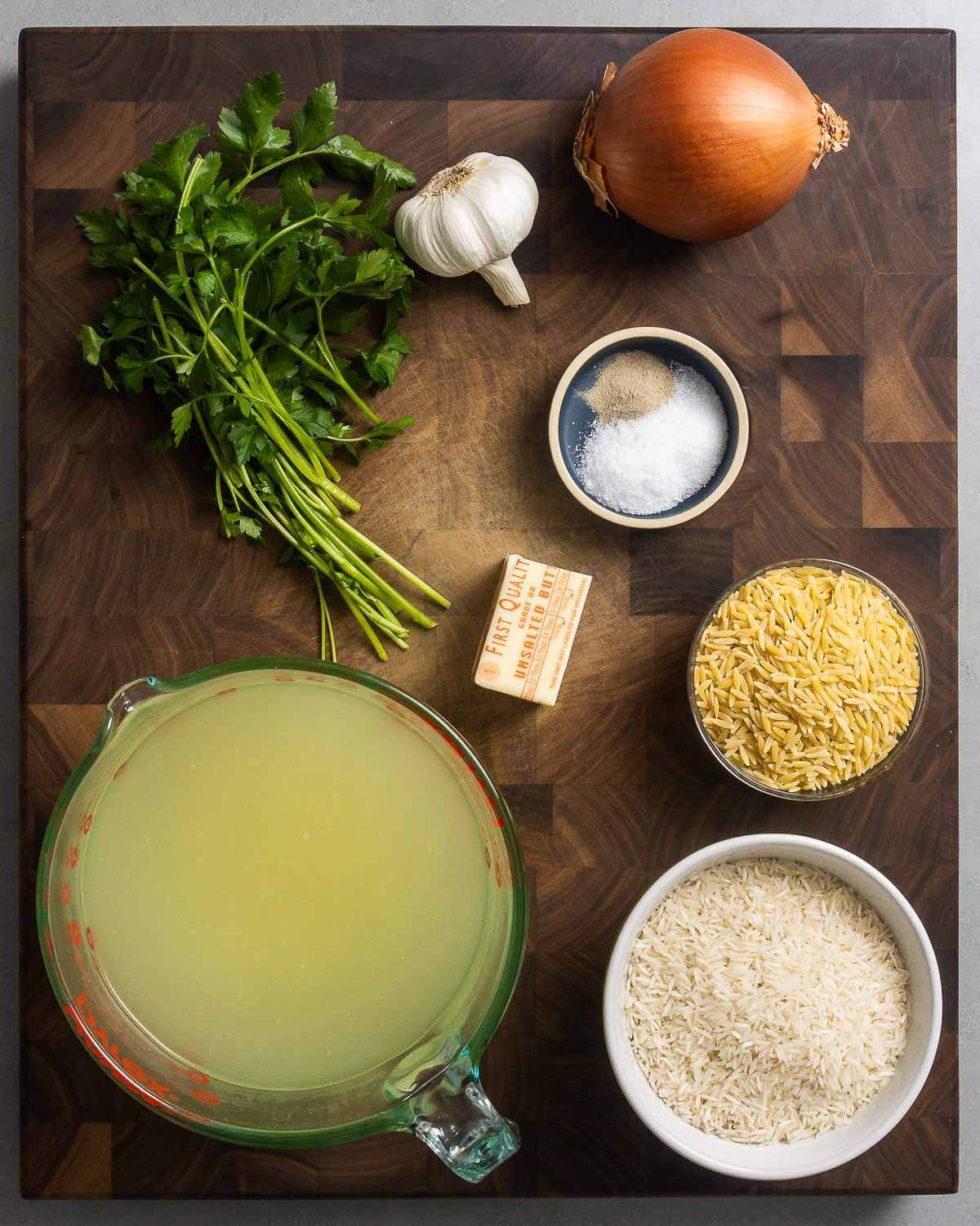 Ingredients shown: parsley, garlic, onion, salt, pepper, butter, orzo, chicken stock, and rice.