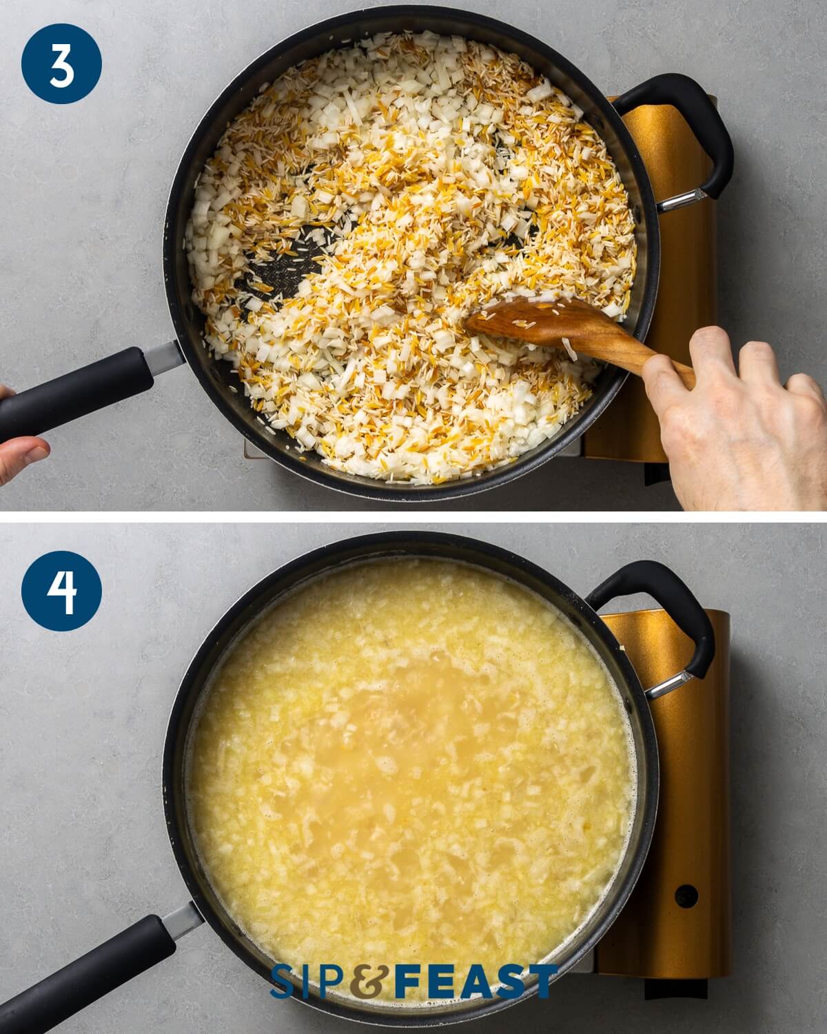 Recipe collage two showing adding onion rice mix and adding chicken stock to pot.