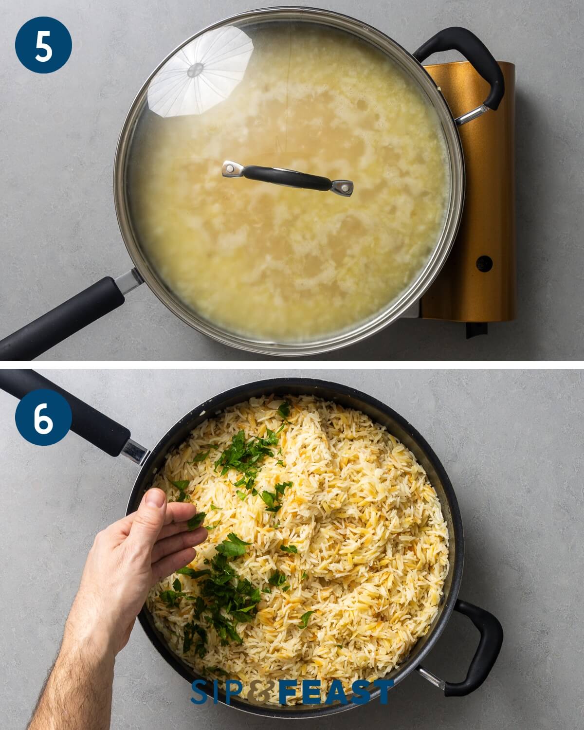 Recipe collage three showing cooking rice with lid and garnishing fluffed rice with parsley.