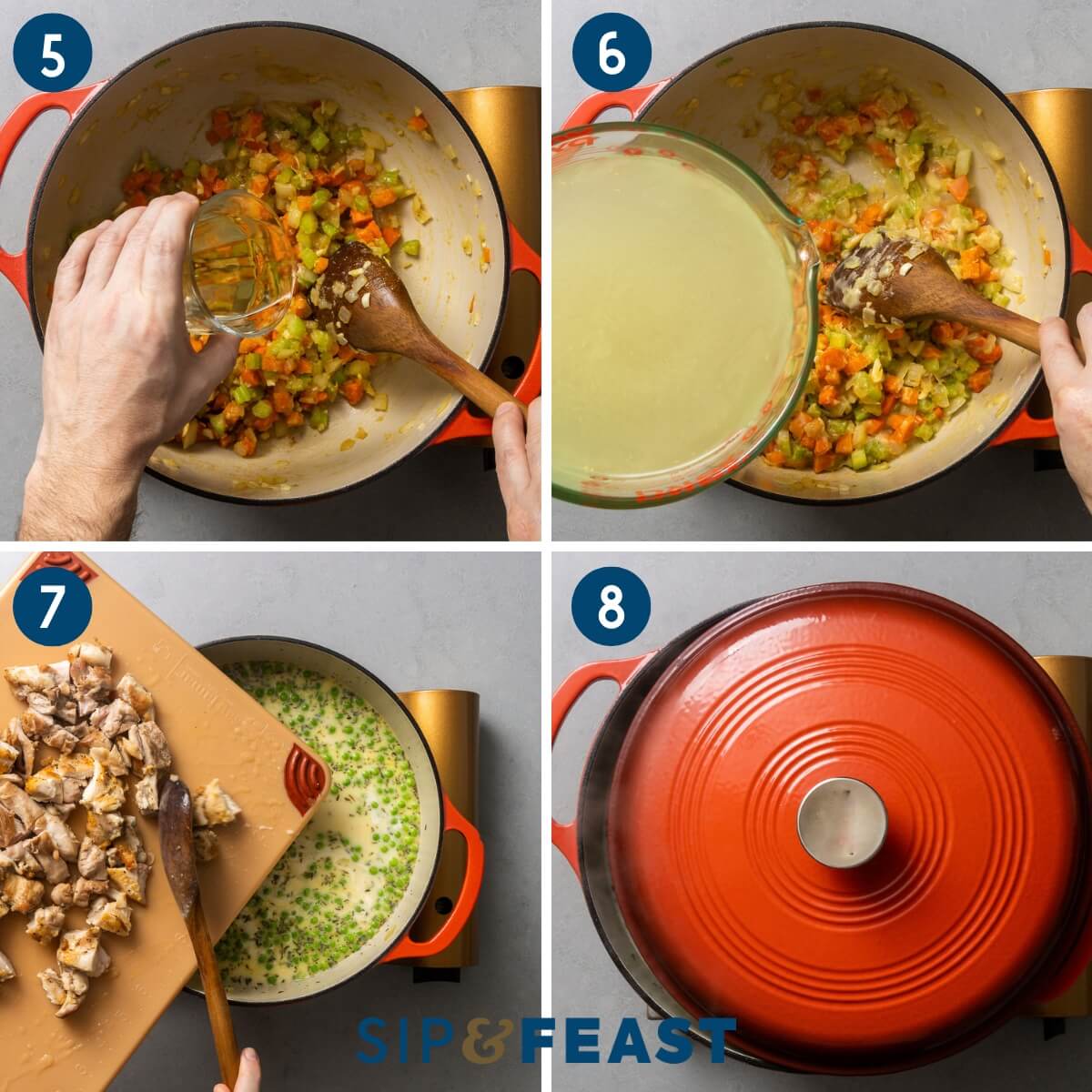 Recipe collage two showing deglazing pot with white wine, adding chicken stock, adding chicken, and simmering with lid partially covered.