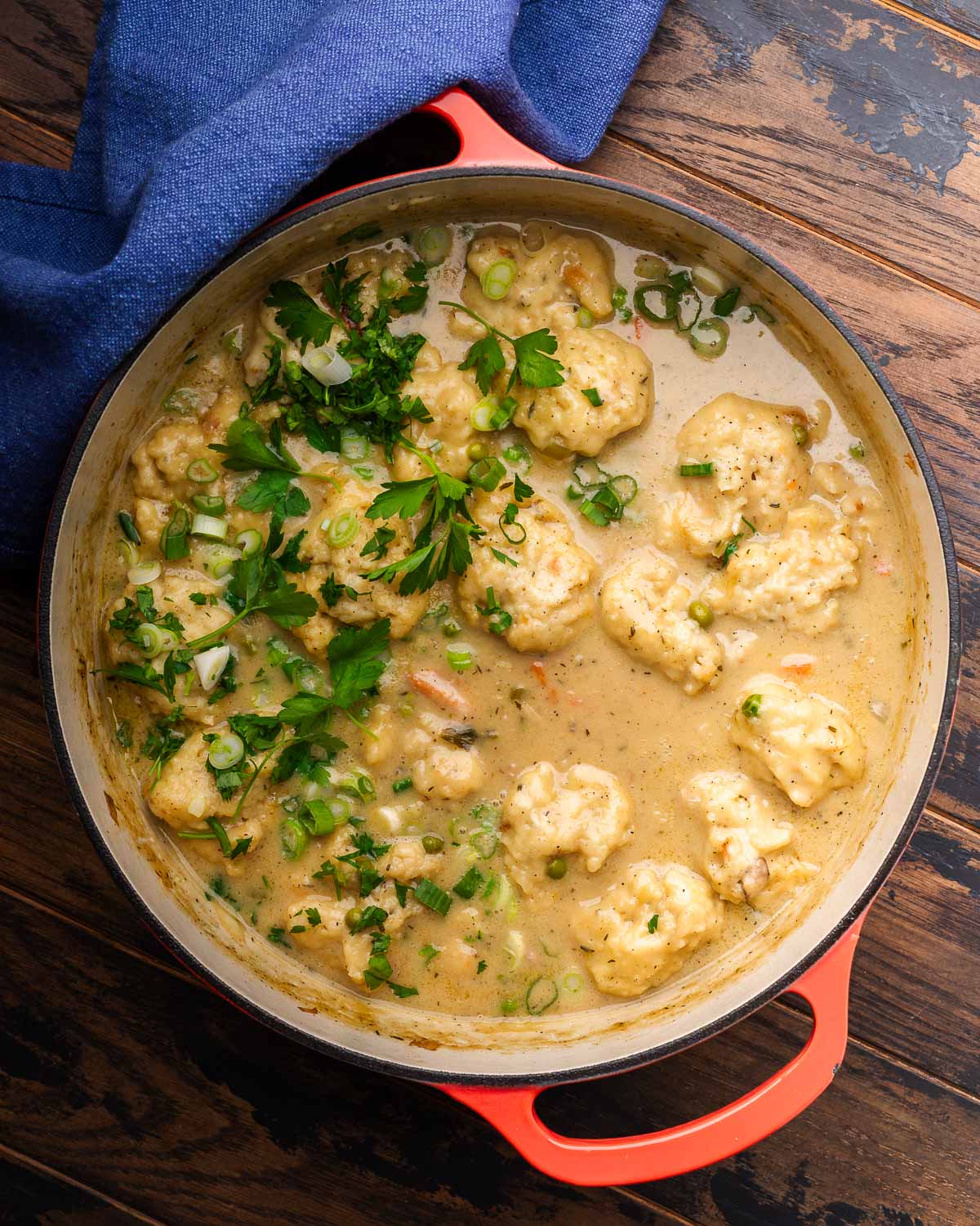 Chicken and dumplings in large orange Dutch oven.