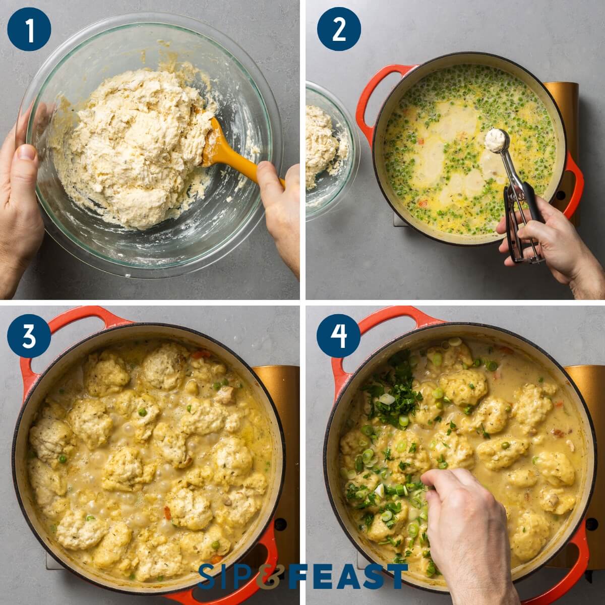 Collage showing mixing of dumpling batter, adding dumplings with a cookie scooper, and adding green onions and parsley to the pot.