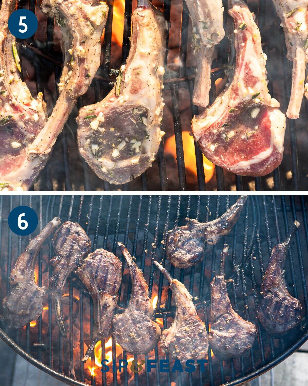 Recipe collage group three showing grilling of chops on charcoal grill.