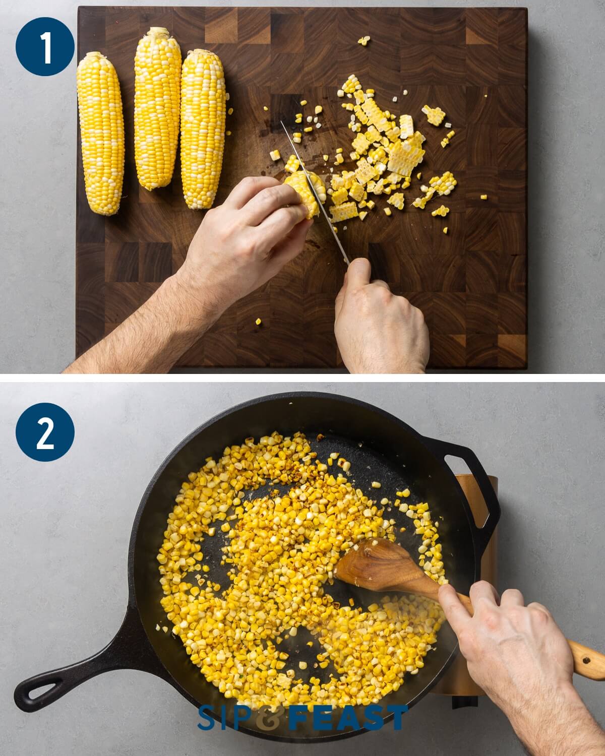Mexican street corn salad recipe collage group one showing cutting of corn kernels off of cob and searing them in a cast iron pan.