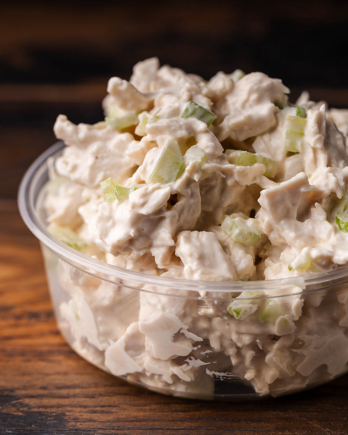 New York deli chicken salad in deli container.