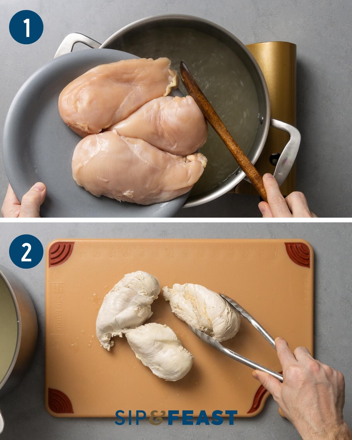 New York deli chicken recipe process shot collage group one showing poaching of chicken breasts and removing onto cutting board.