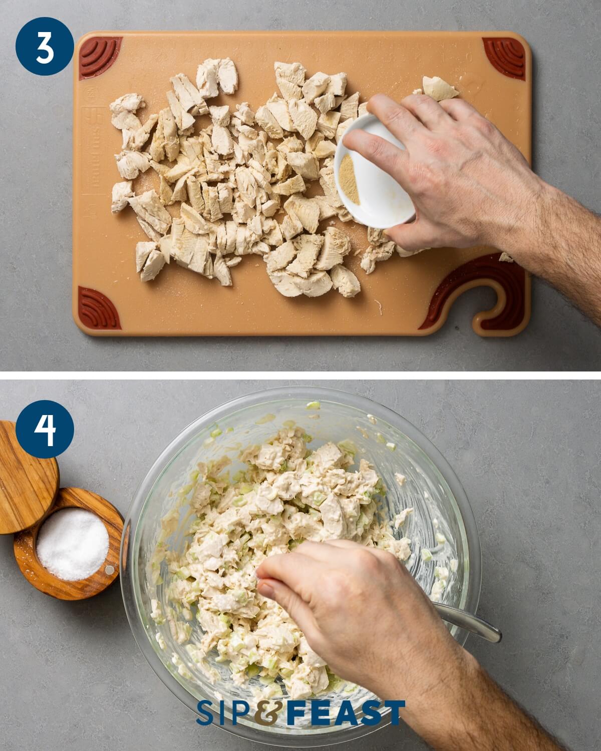 Recipe collage two showing seasoning choppe chicken on cutting board, and mixing in mayonnaise, celery, and seasonings in large bowl.