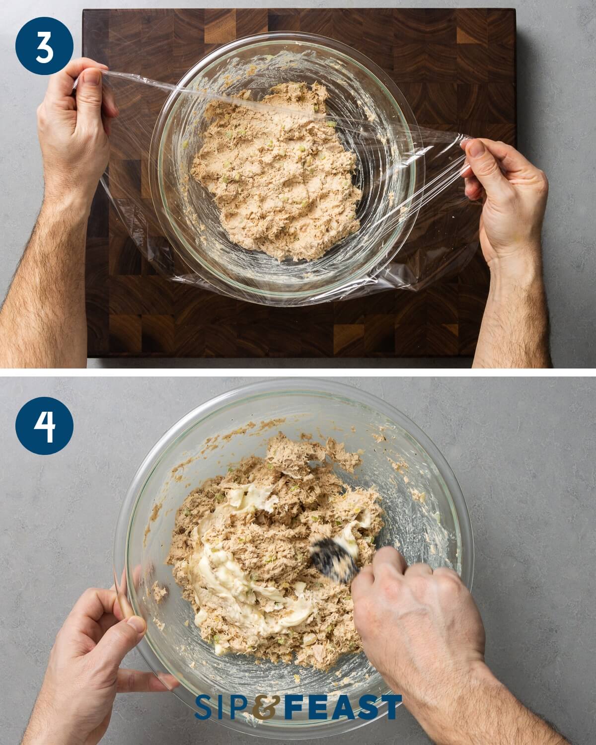 Recipe collage group two showing covering tuna salad and mixing on second day.