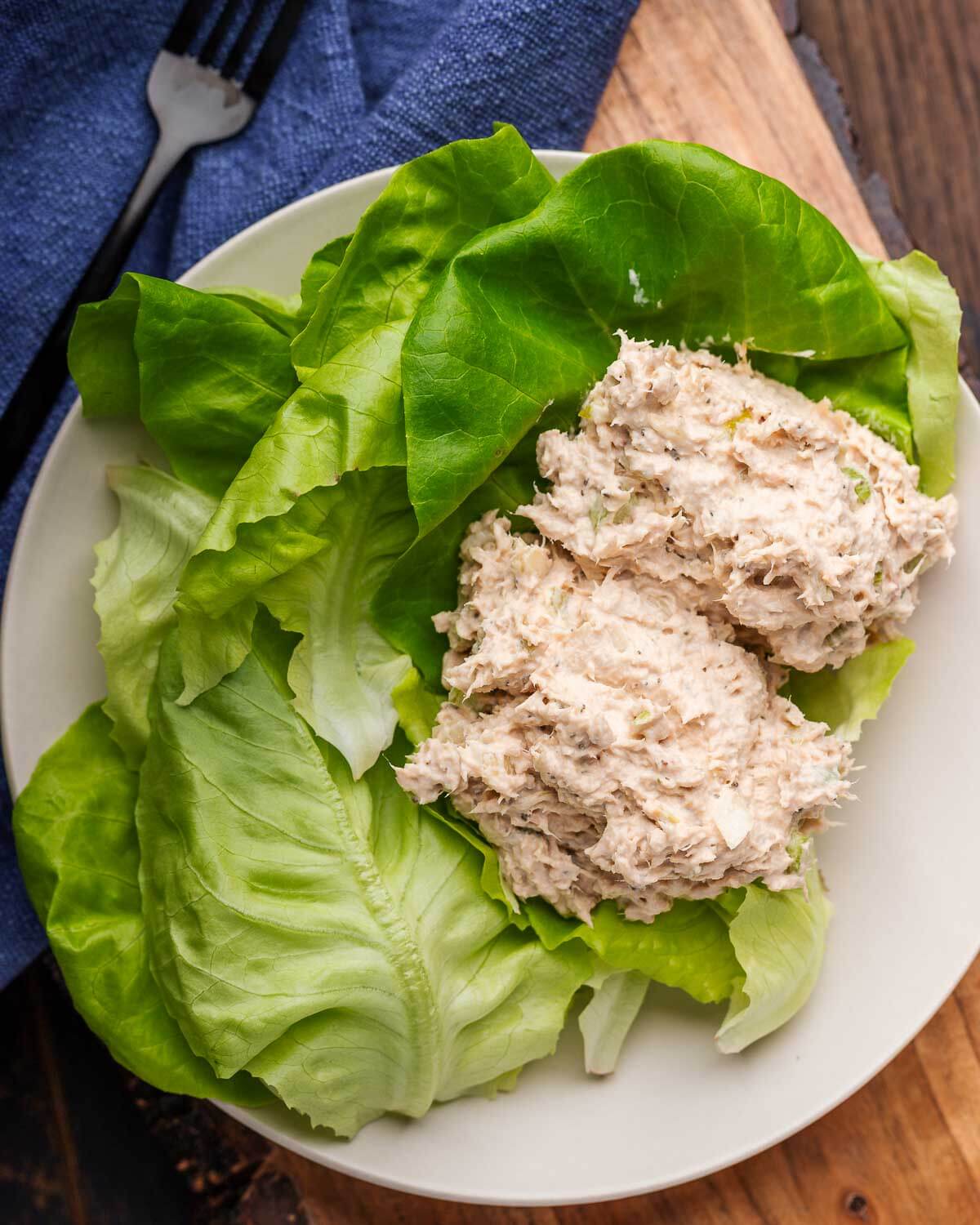 Tuna salad on plate with butter lettuce.