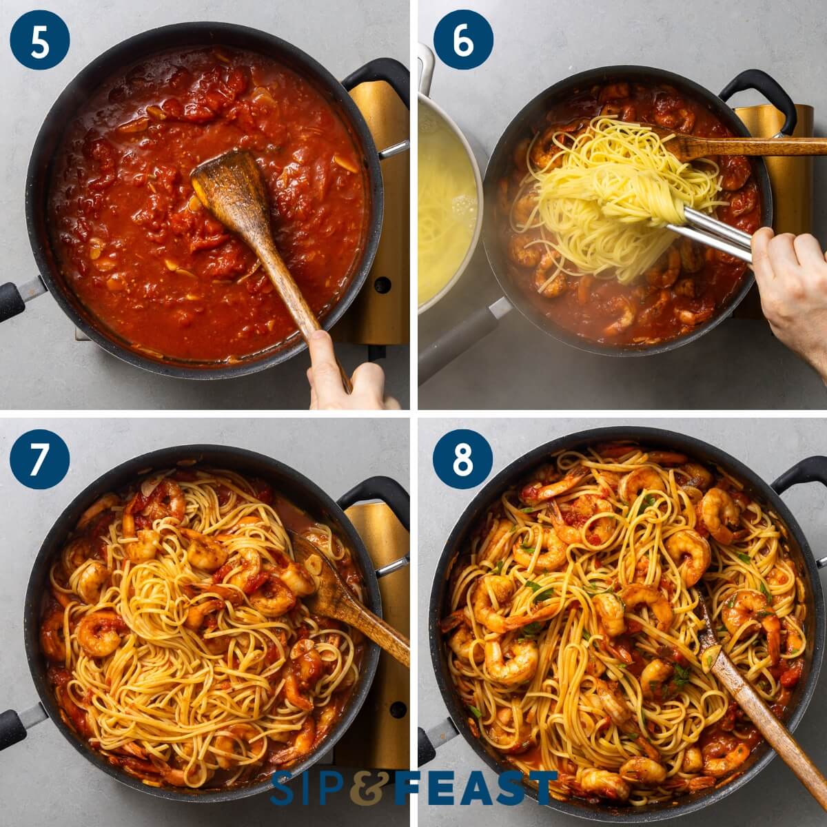 Recipe collage two showing mixing sauce, adding linguine to sauce, and tossing pasta.